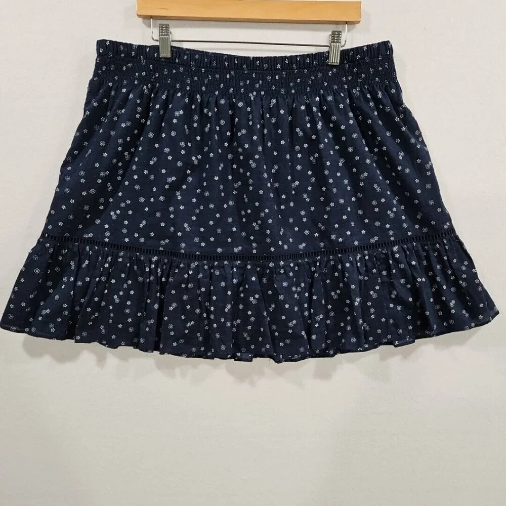 Madewell Womens Smock Waist Ruffle Mini Skirt Size‎ XL Navy Blue Floral Pull On